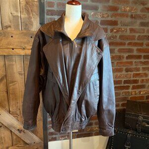Vintage Brown Genuine Leather Bomber Jacket | XL | Classic Moto Style